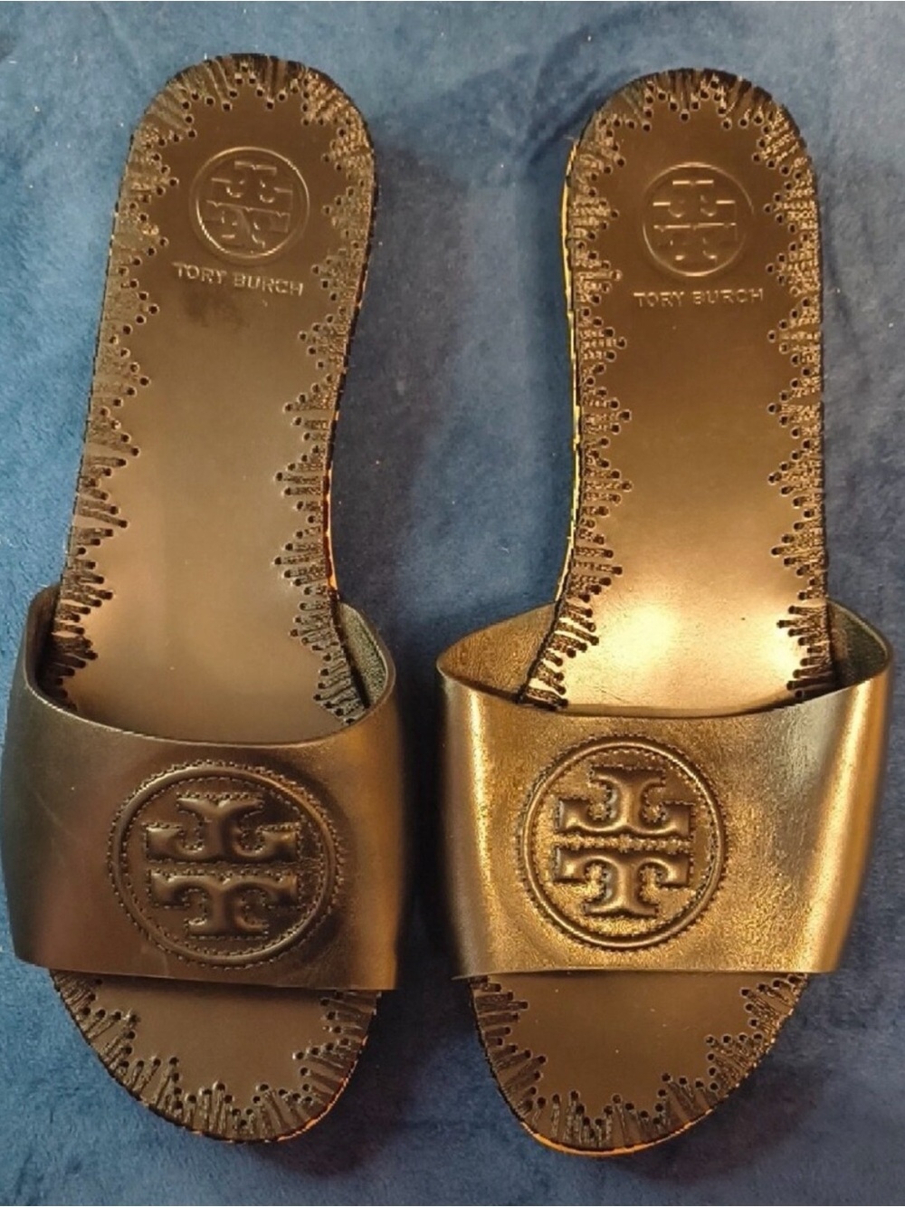 Tory Burch Black Leather Logo Slide Sandals - Picture 2 of 4